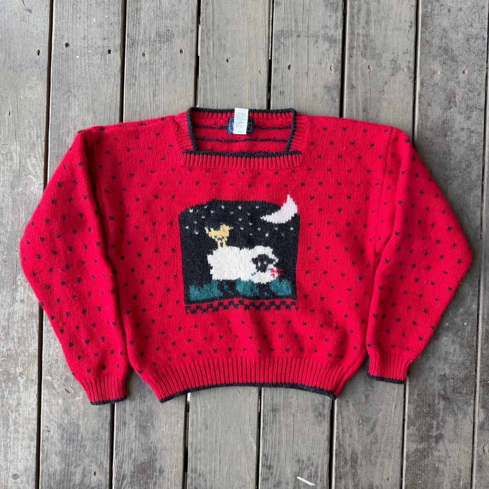 Woolrich Vintage Red Wool Sheep Intarsia Sweater Square Neck Polka Dot Large